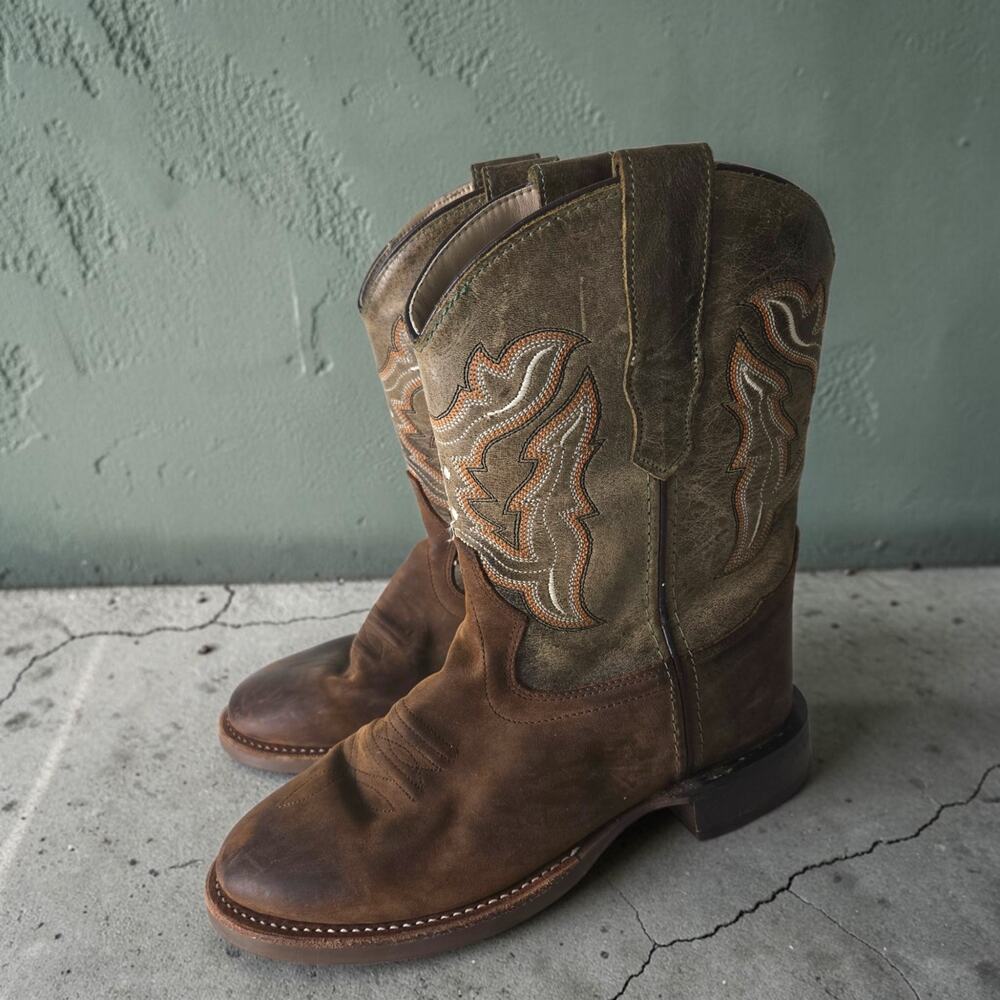 Old West Embroidered Cowboy Boots Brown Western Round Leather Fancy Stitch 3.5